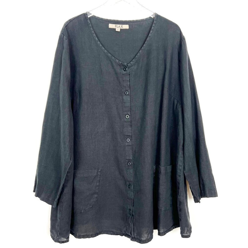 Flax 100% Linen Tunic Top Women's Size 2G (22 - 24) Black Lagenlook Shacket